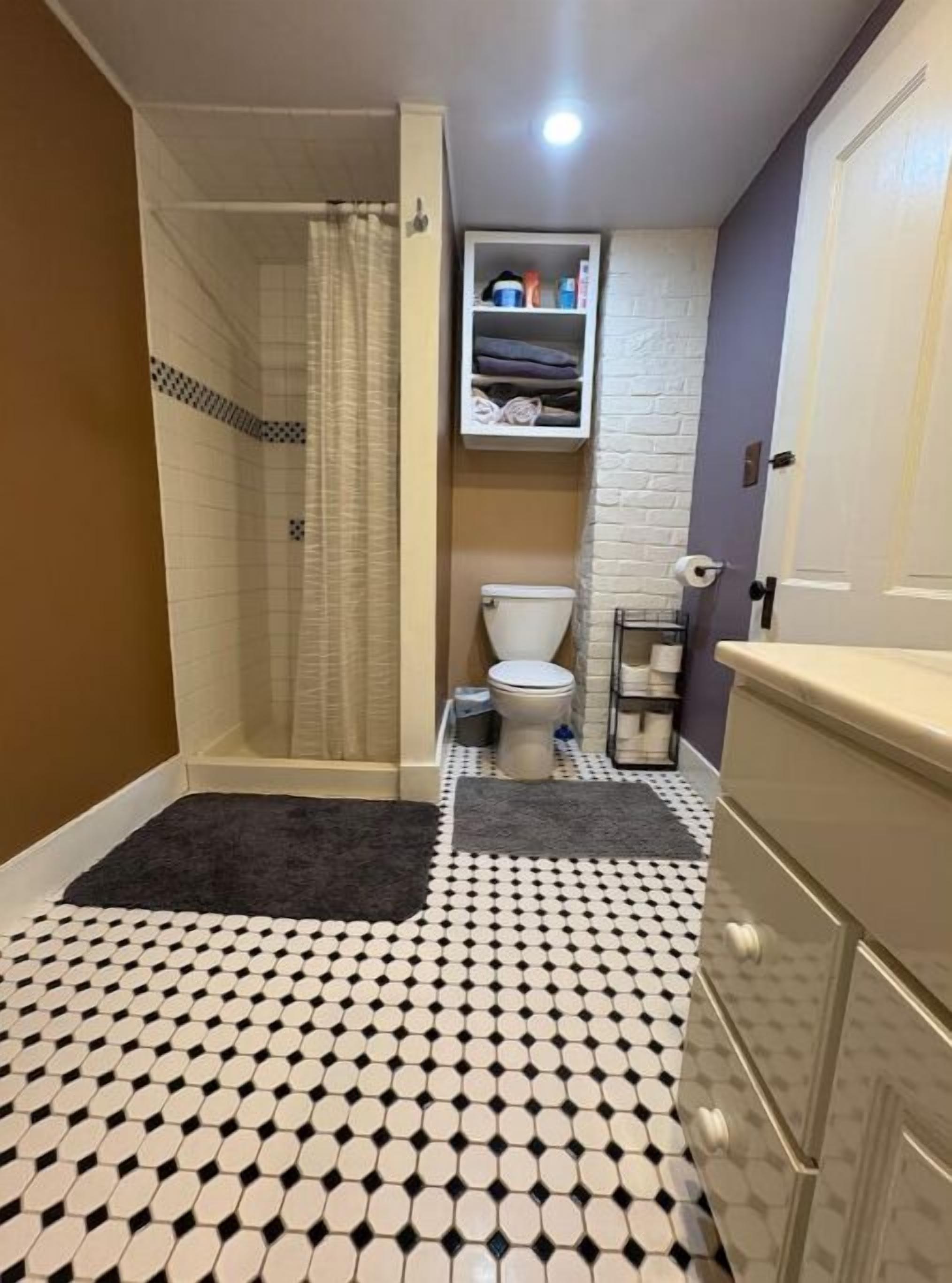 Une salle de bain avec douche, toilettes et une petite étagère contenant des articles de toilette.