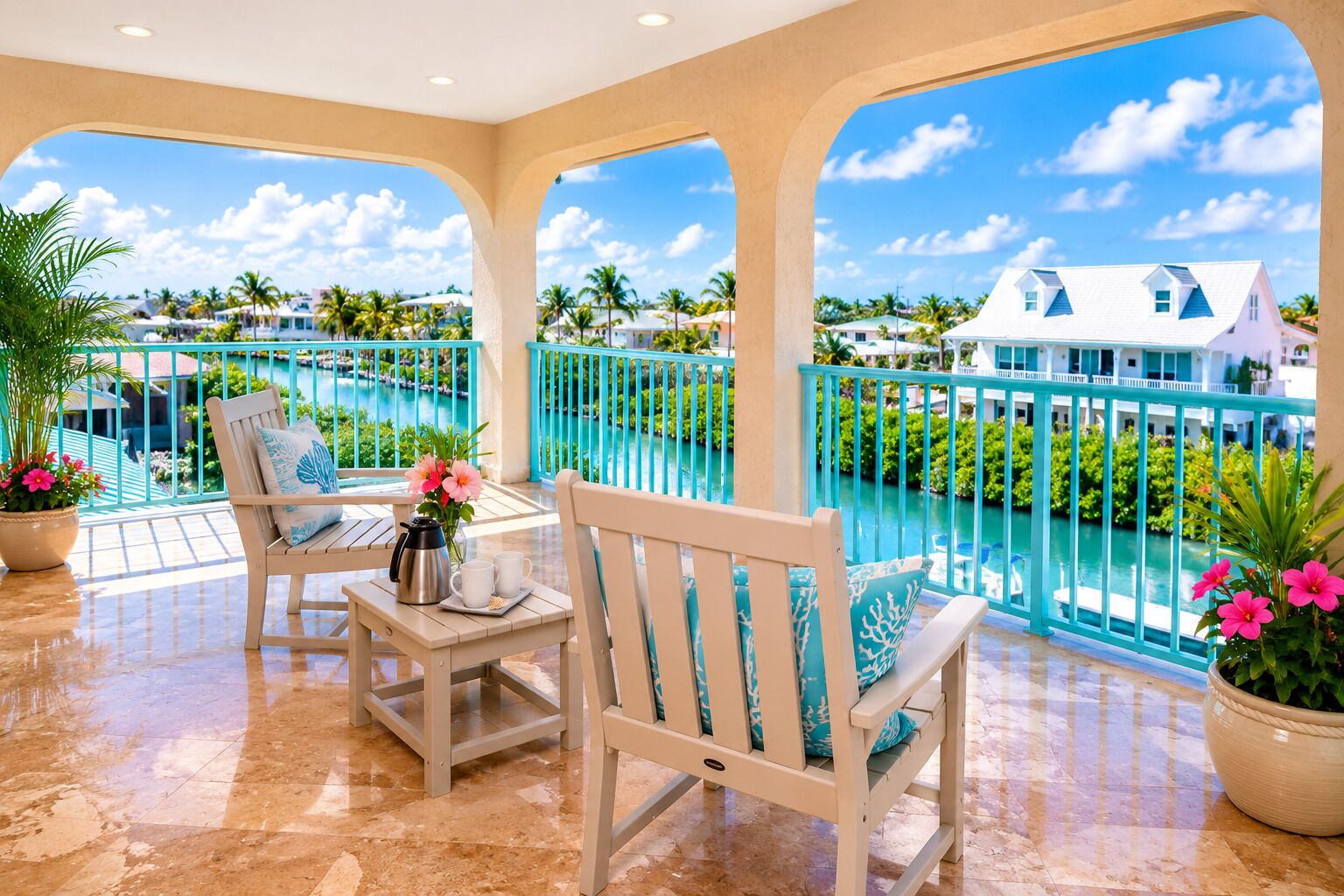A balcony with a view of a swimming pool and a house.