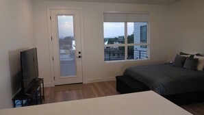A bedroom with a bed, a TV, a window, and a door. - Cozy studio in marvelous Salt Lake City with WiFi, AC (Salt Lake City)