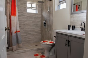 Shower, towels, soap, toilet paper