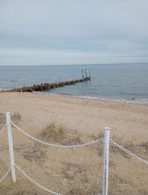 Una playa con una cerca de malla metálica y un muelle de madera que se adentra en el agua.