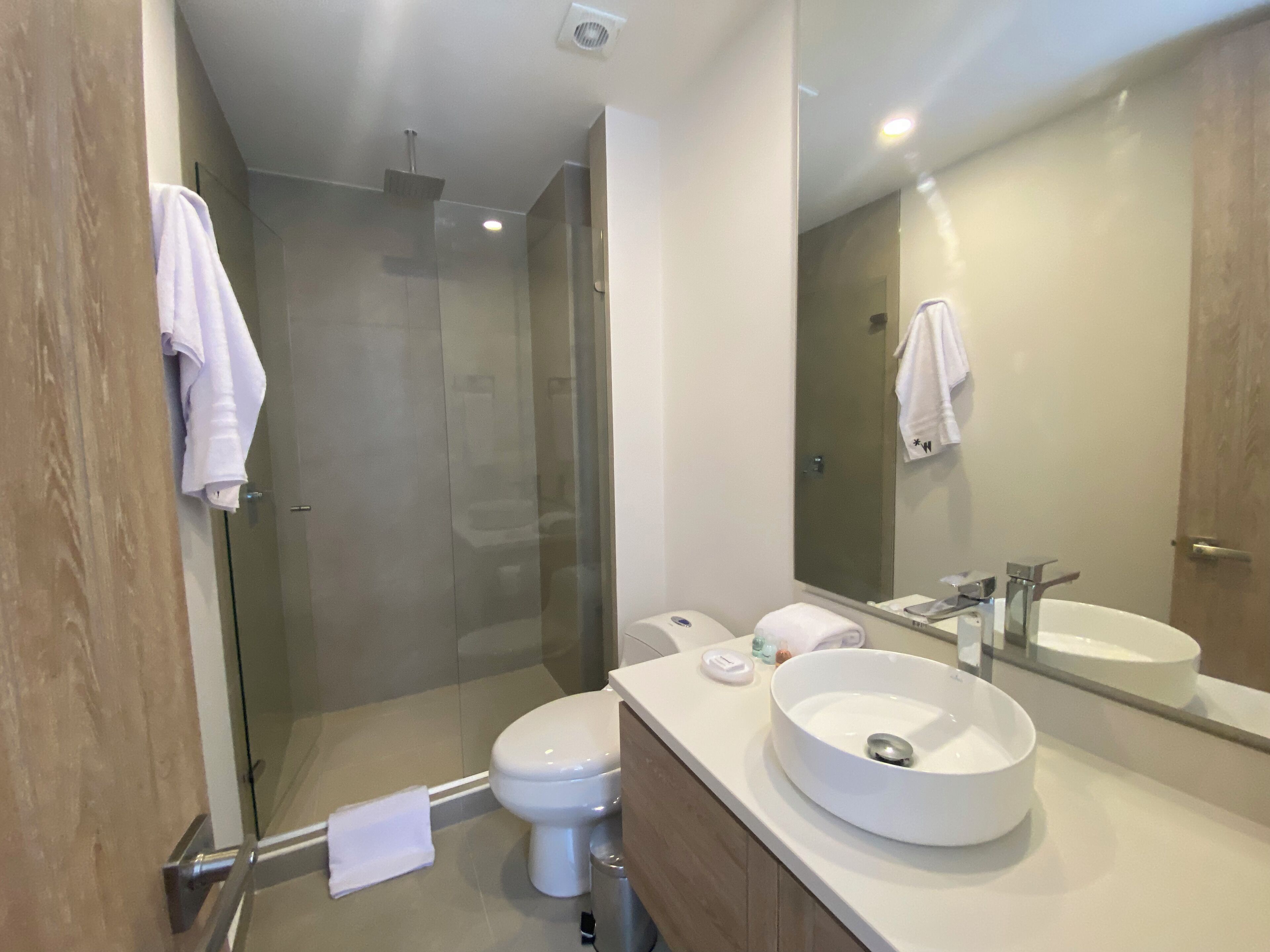 Un baño moderno con ducha envuelta en vidrio, inodoro blanco, lavabo de diseño redondo y un espejo grande.