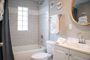 Hair dryer, towels, soap, shampoo