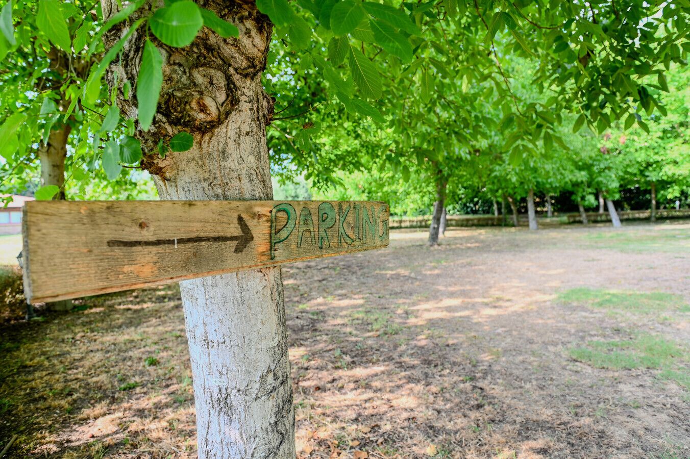 Ein Holzschild mit der Aufschrift 'PARKING' und einem nach rechts zeigenden Pfeil.