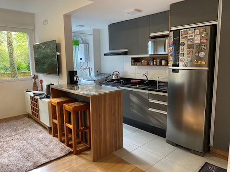 Fridge, microwave, oven, stovetop. Comfortable apartment with a view of nature