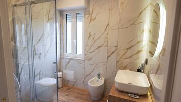 Shower, hair dryer, bidet, towels