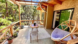 A wooden deck with a glass ceiling, surrounded by potted plants and a wooden chair.