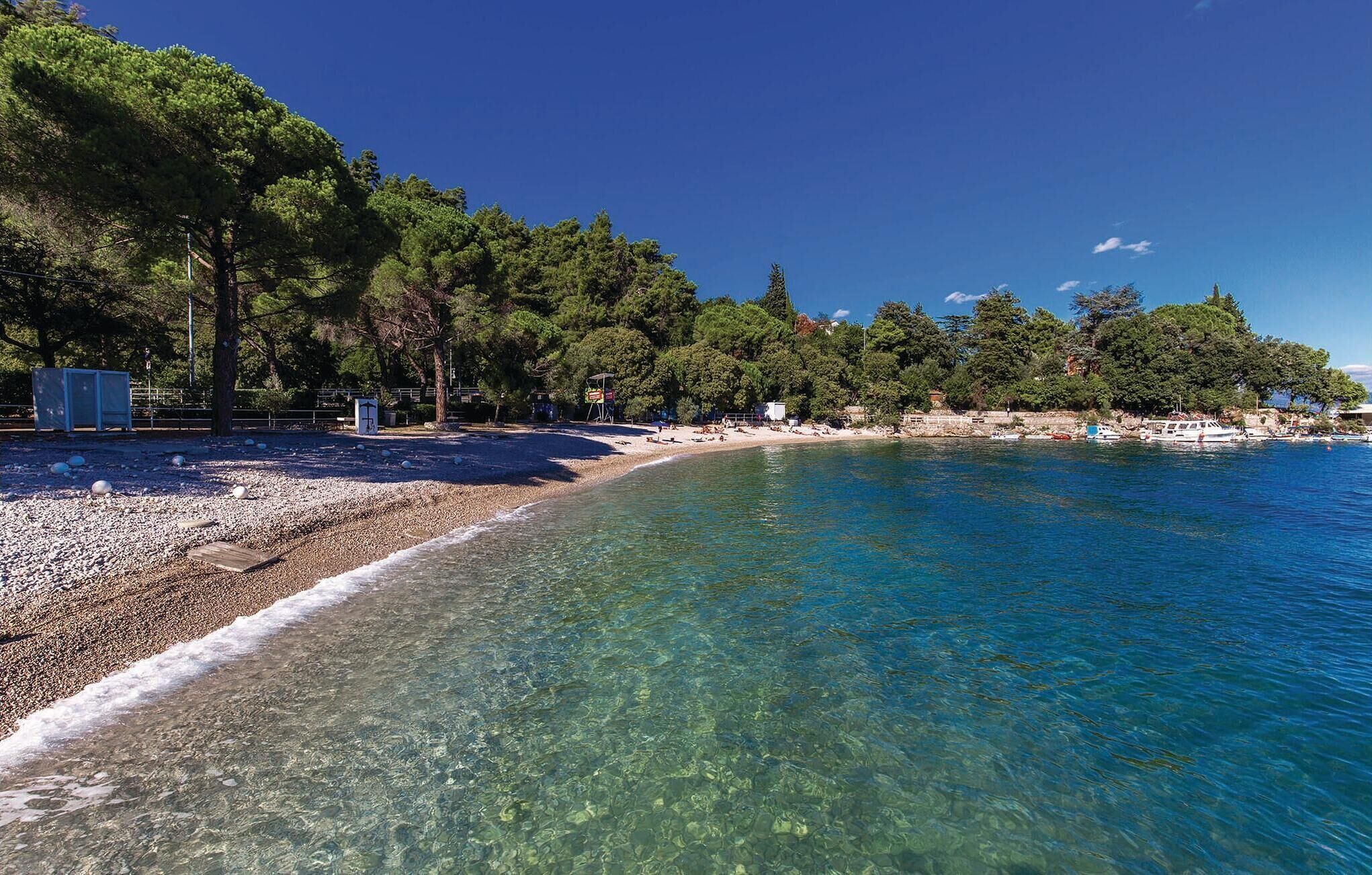 A beach with clear water, pebbles, and trees.