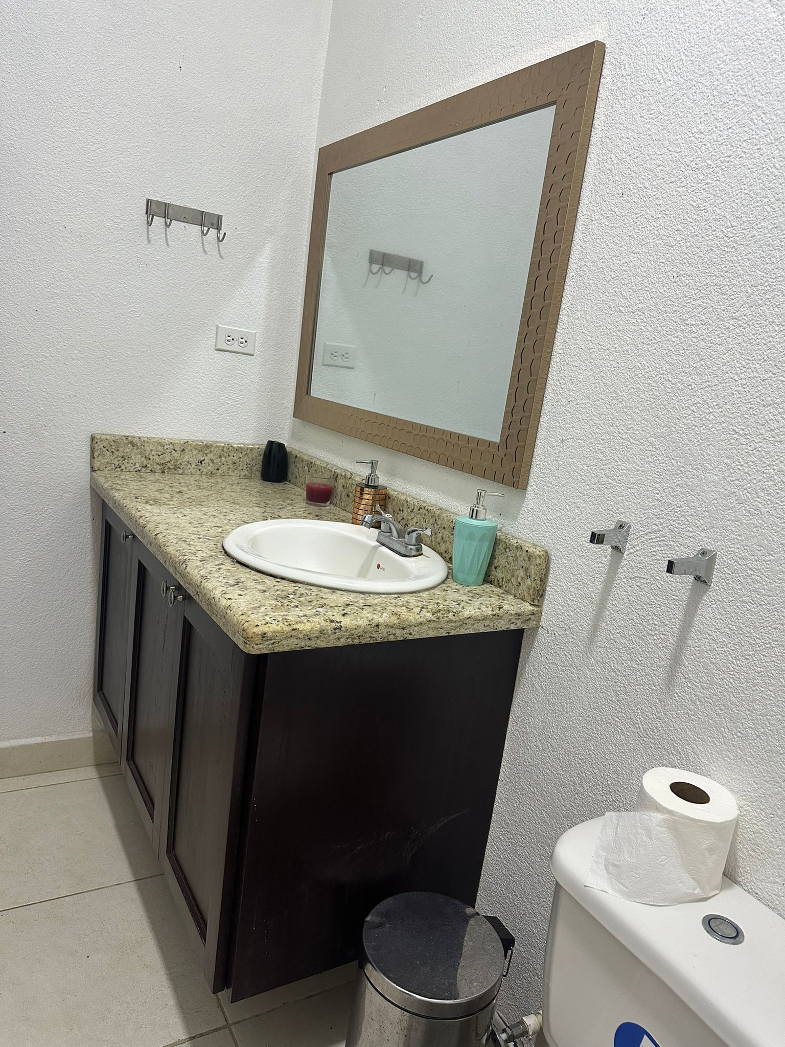 A bathroom with a granite countertop sink, dark cabinets, a mirror with a wooden frame, a trash can, and a toilet with a paper towel holder.