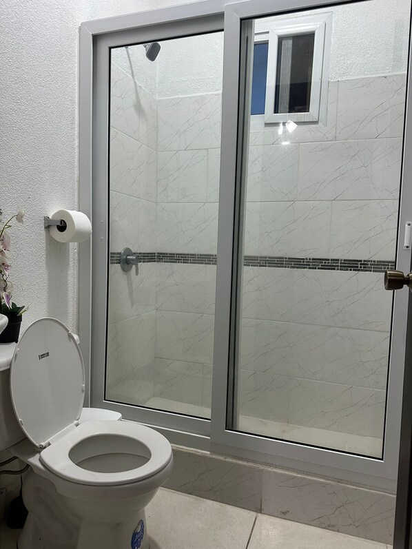 Ein Badezimmer mit Toilette, Duschkabine und Toilettenpapierhalter.