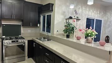 Fridge, microwave, oven, stovetop