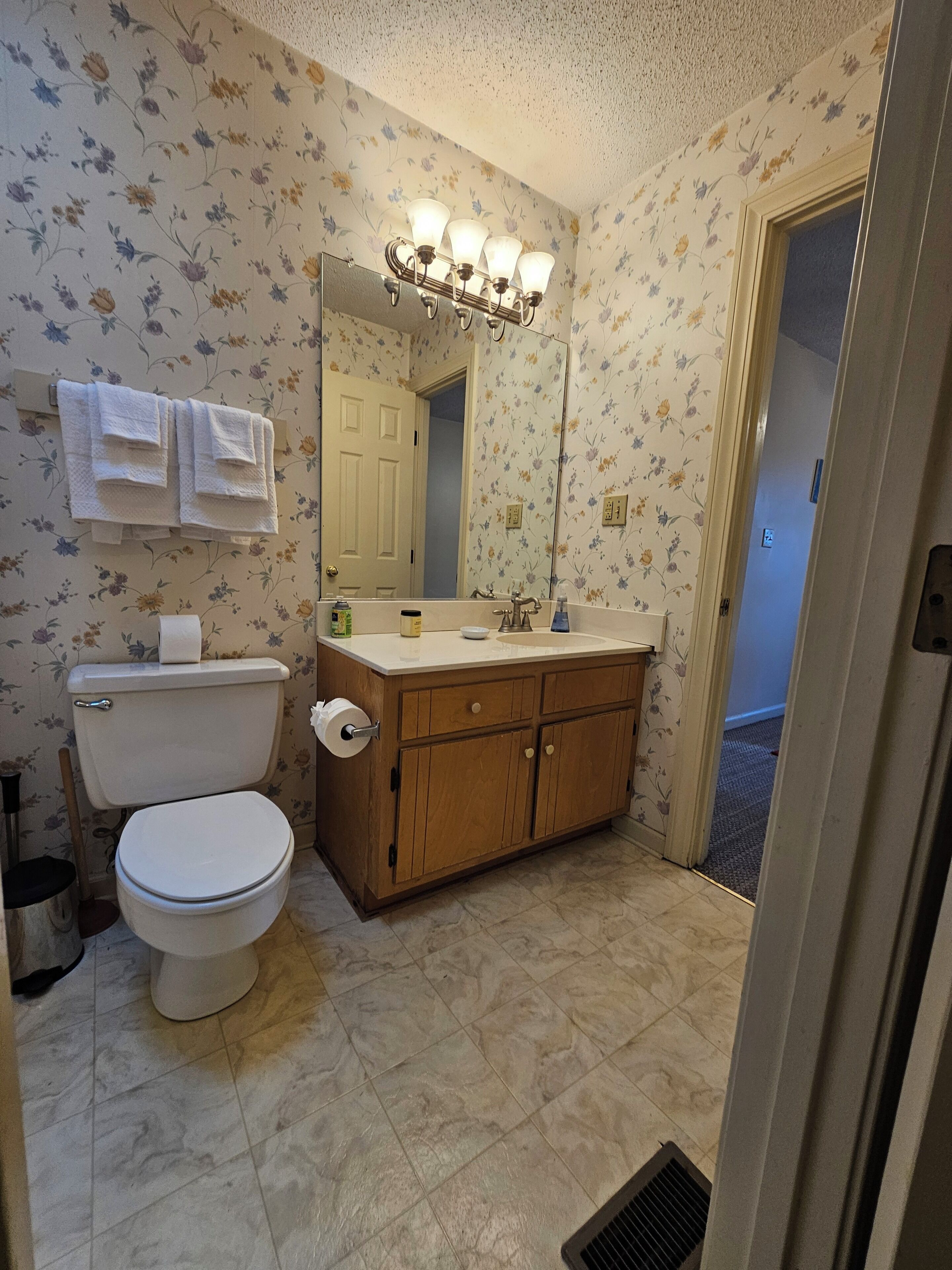 Hair dryer, towels, soap, toilet paper