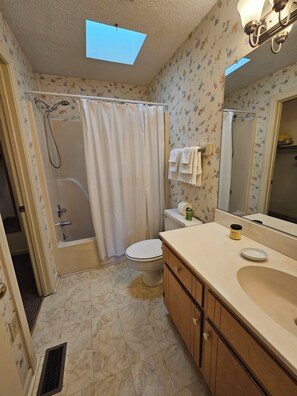Hair dryer, towels, soap, toilet paper
