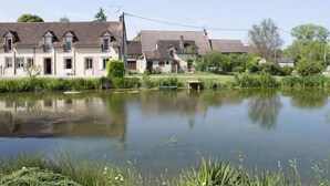 A row of traditional houses with a pond in the foreground. - holistica (Saint-Fargeau)