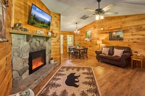 TV connectée, cheminée, jeux vidéo, livres