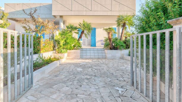Un patio con un sendero de piedra que conduce a un edificio con contraventanas azules y diseño moderno.