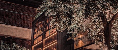 Una biblioteca con estanterías, sillones de cuero y un árbol grande.