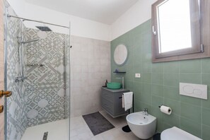 Shower, hair dryer, bidet, towels