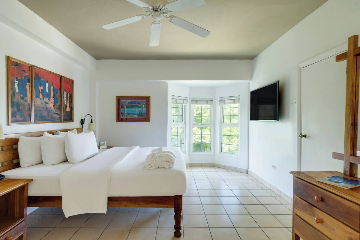 A bedroom with a bed, a wooden dresser, a ceiling fan, a TV, and a door with glass panels.