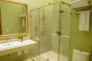 Shower, hair dryer, bidet, towels