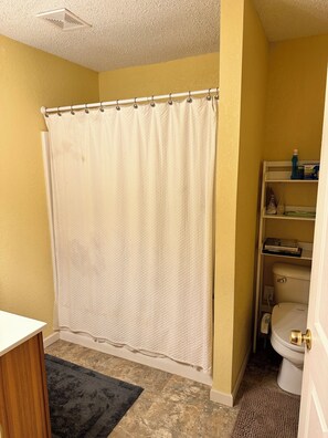 Hair dryer, bidet, towels, soap