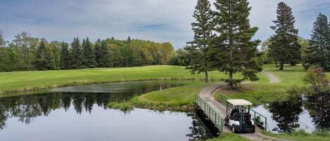 Un campo de golf con un estanque, un puente y un carrito de golf.