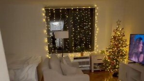 Un saló amb terra de petxines, un sofà blanc, un petit arbre de Nadal i una televisió.