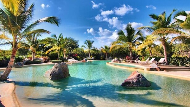 A clear pool with rocks, surrounded by palm trees and lounge chairs under a blue sky. - El Paraiso apartment (Dominicus)
