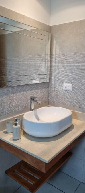 Hair dryer, towels, soap, toilet paper