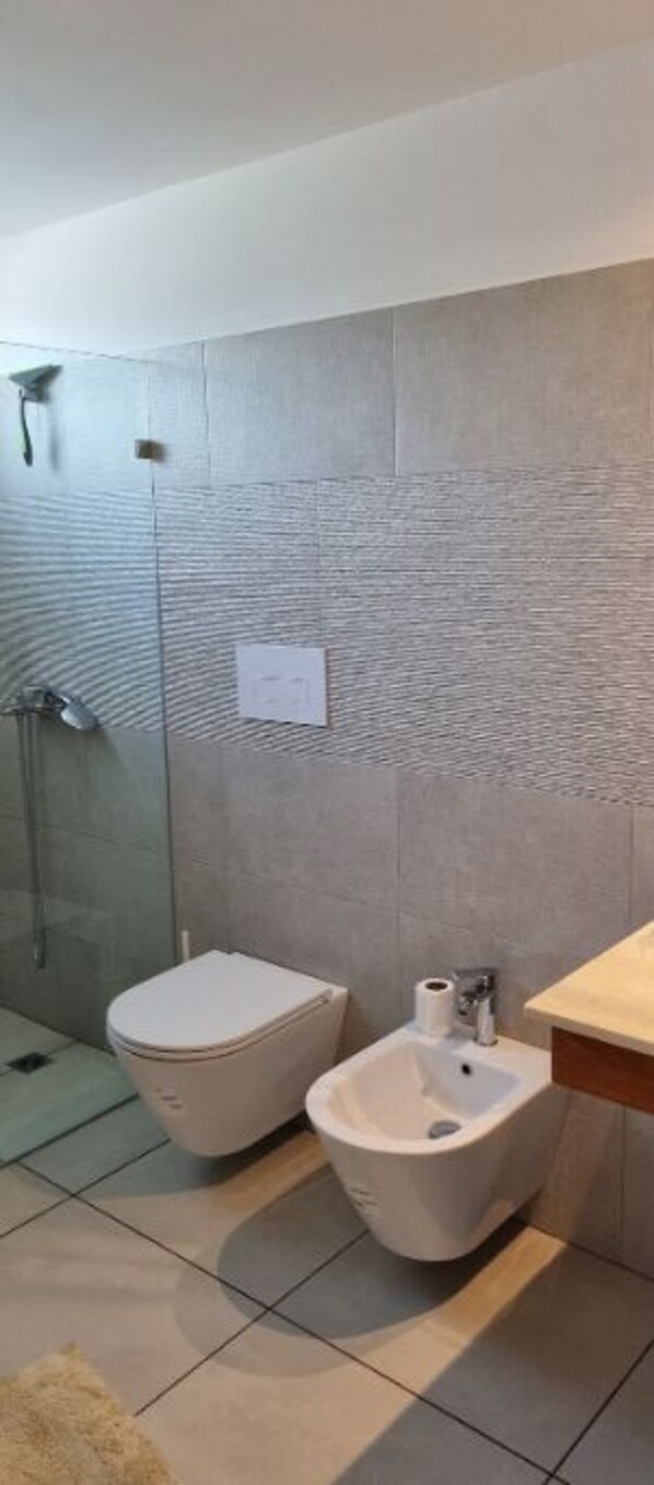 Hair dryer, towels, soap, toilet paper