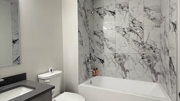 Hair dryer, towels, soap, toilet paper