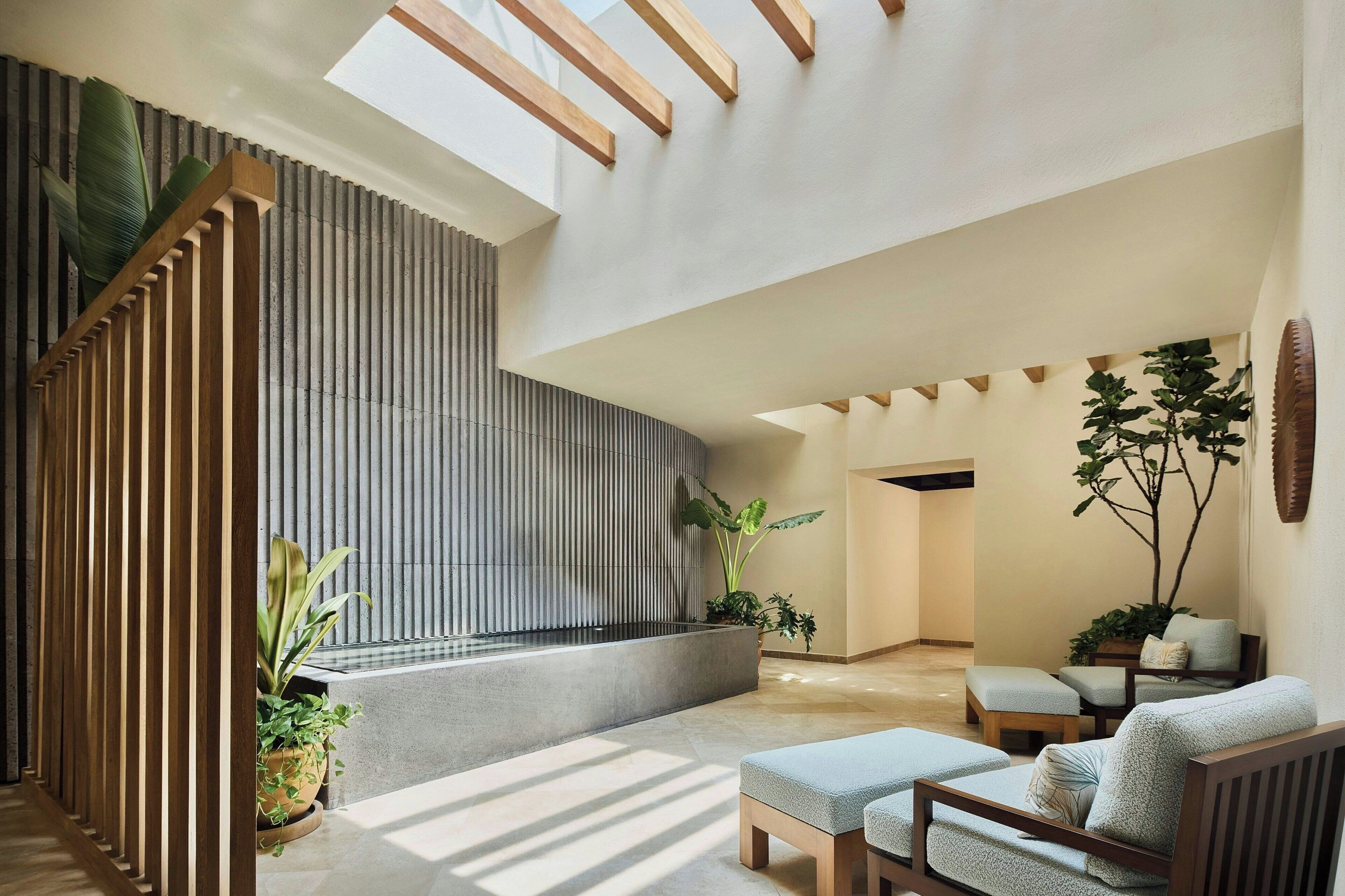 A modern interior with a seating area, a large window, and a plant.