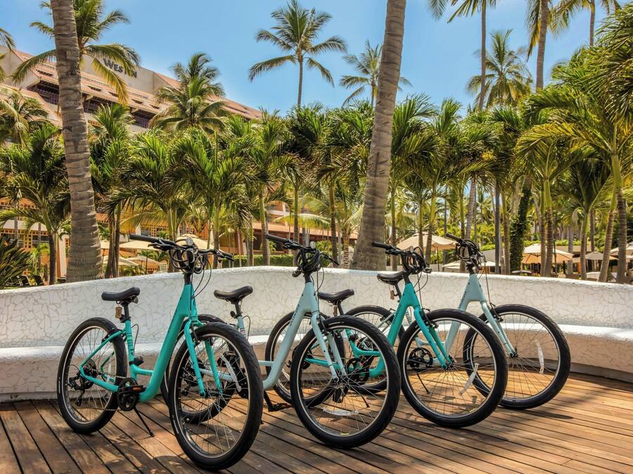 A row of turquoise electric bicycles parked on a wooden deck with palm trees and a building in the background.
