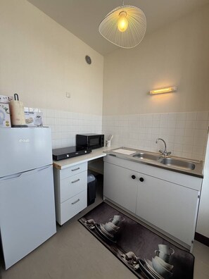 Fridge, microwave, cookware/dishes/utensils