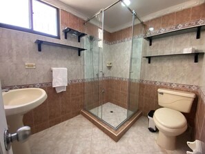 Un baño con ducha acristalada, lavabo e inodoro.