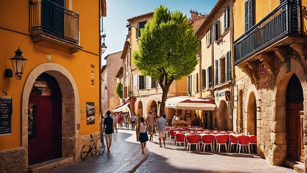 A cobblestone street lined with yellow buildings, outdoor seating, and a bicycle.