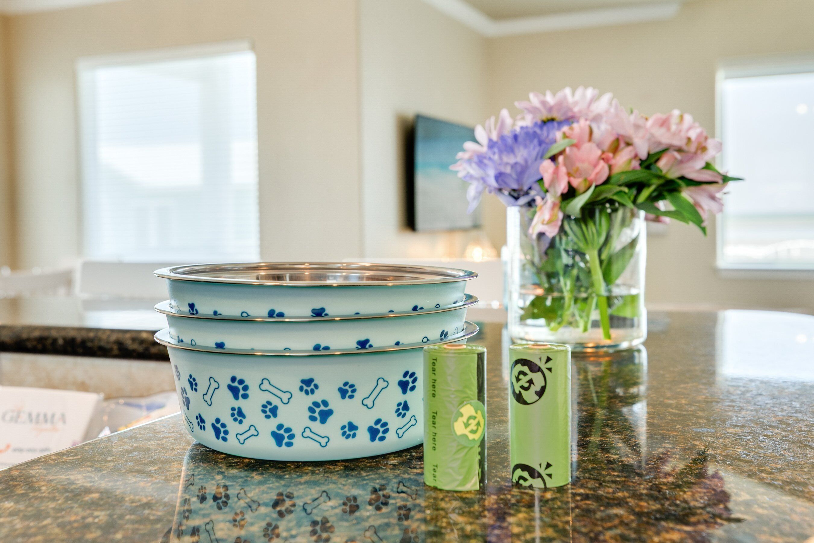 Una encimera de cocina con cuencos para mascotas, un florero con flores y una caja verde.