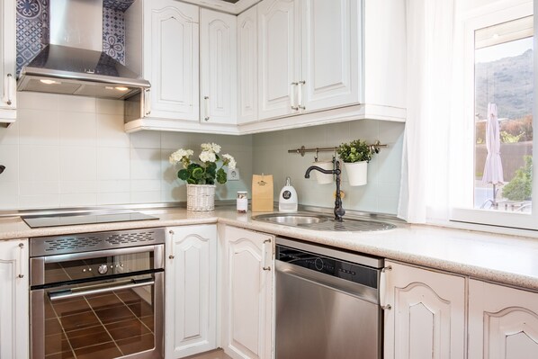 A kitchen with white cabinetry, stainless steel appliances, a window with a view of the outdoors, and a hanging plant.