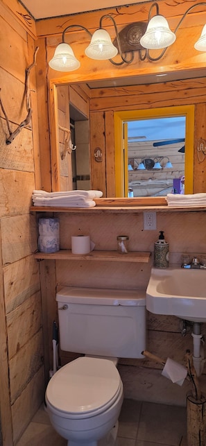 Hair dryer, towels, soap, toilet paper