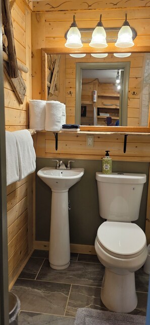 Shower, hair dryer, towels, soap - Unit 2: King Bed Suite with Full Kitchen at the Cedaredge Lodge (Cedaredge)