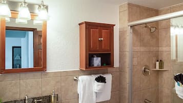 Eco-friendly toiletries, hair dryer, towels, soap