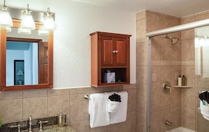 Eco-friendly toiletries, hair dryer, towels, soap