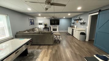 Smart TV, fireplace, video games, DVD player