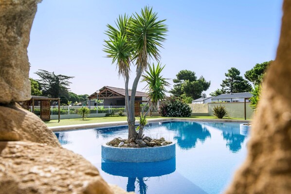 Una piscina con un macetero de palmera en el centro, rodeada por un muro de piedra y un cielo azul despejado.