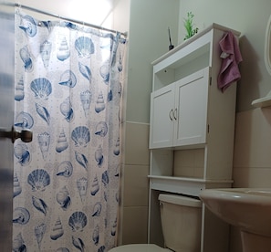 Shower, hair dryer, towels, soap
