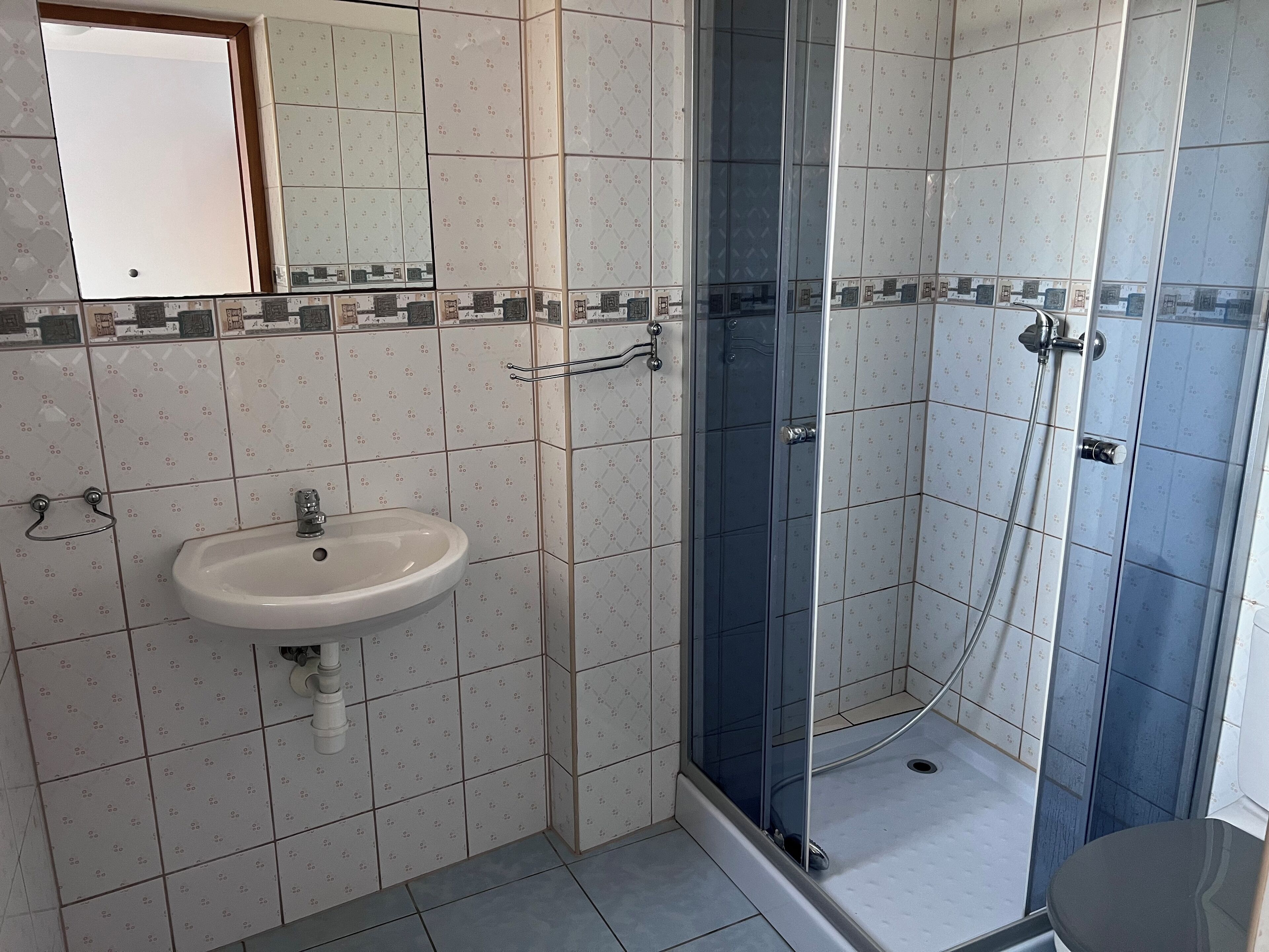 Un bagno con lavandino, doccia vetrata e piastrelle decorate.