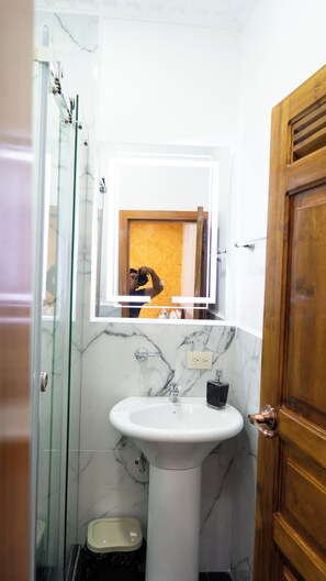 Shower, towels, soap, toilet paper