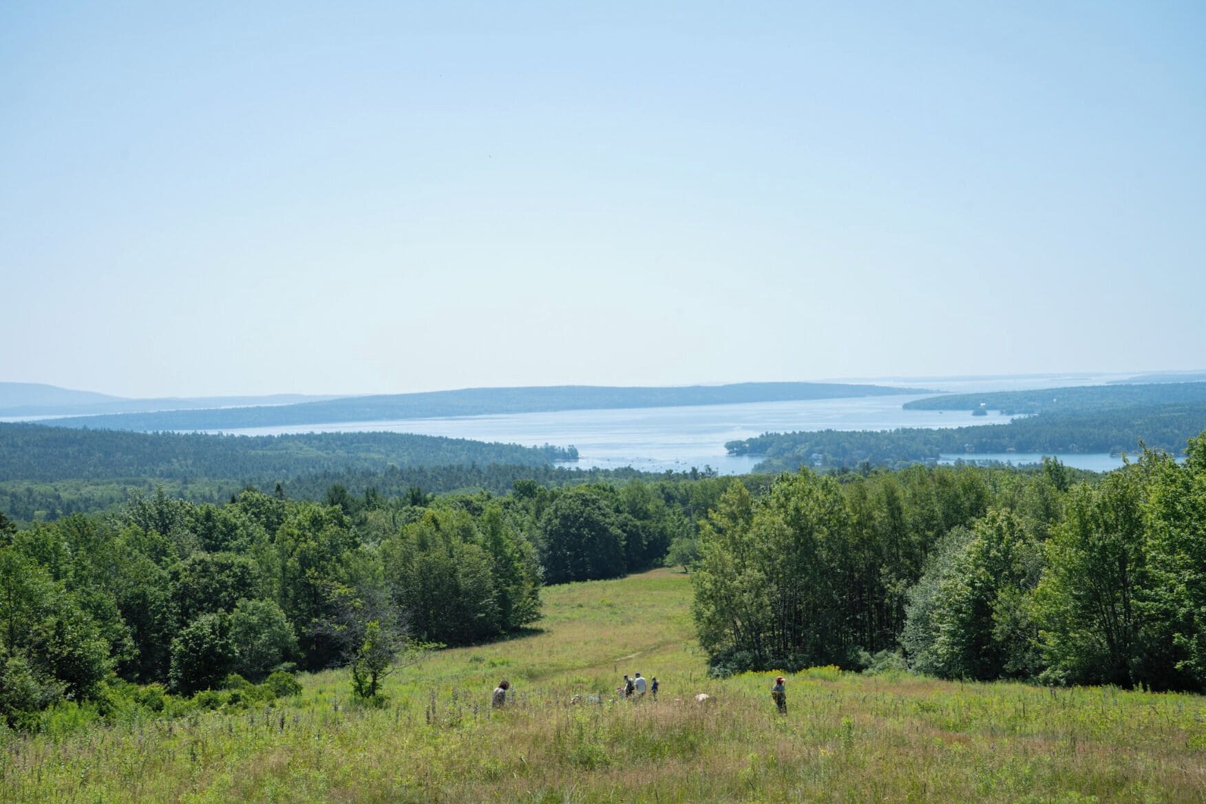 A natural landscape with a lake and forested hills in the background.