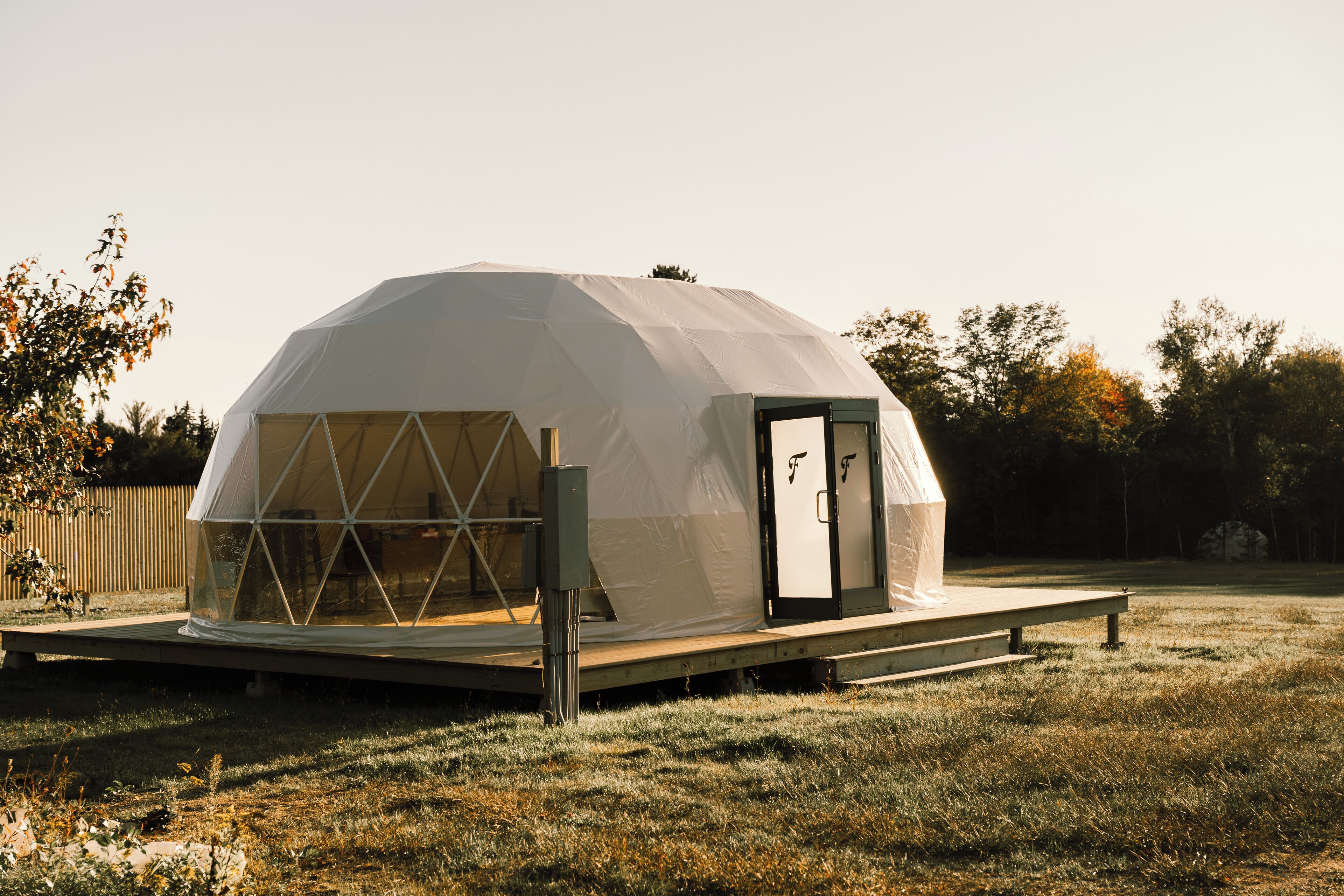 A geodesic dome structure with a door and windows, situated on a grassy field with trees in the background.