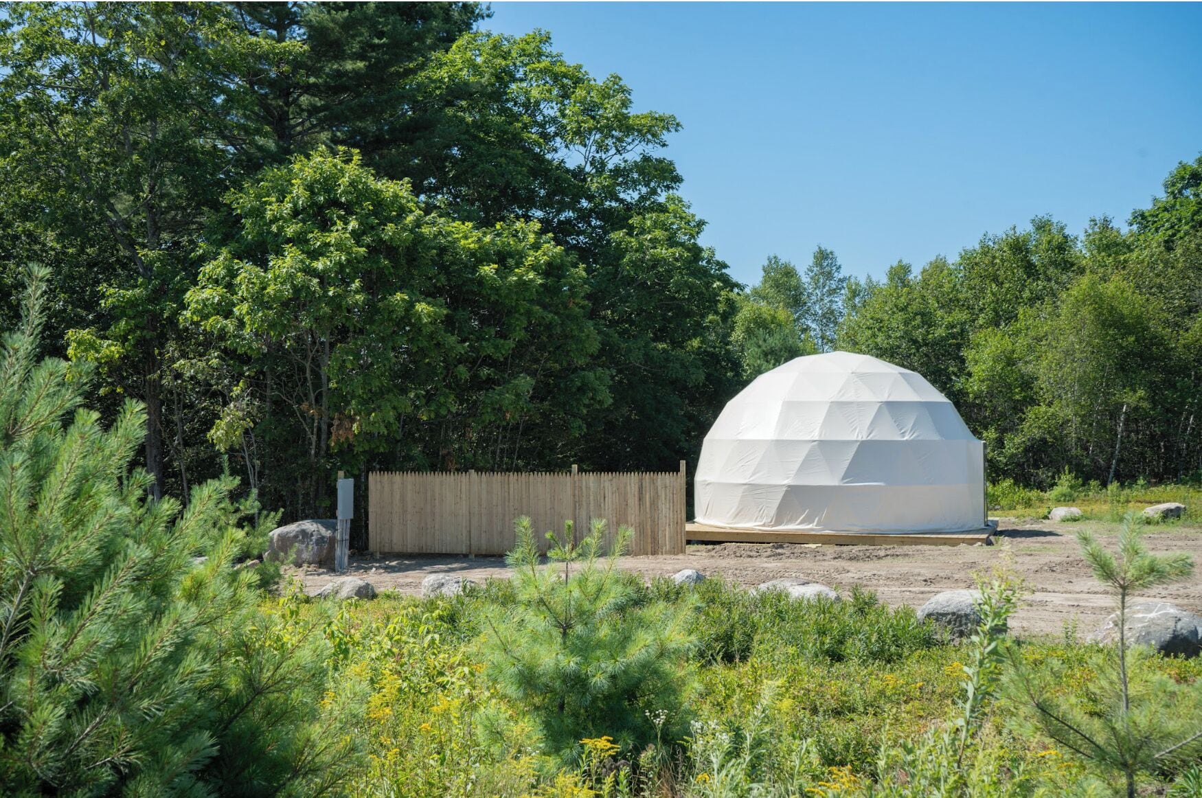 A geodesic dome structure in a natural setting with a wooden fence and dense greenery.